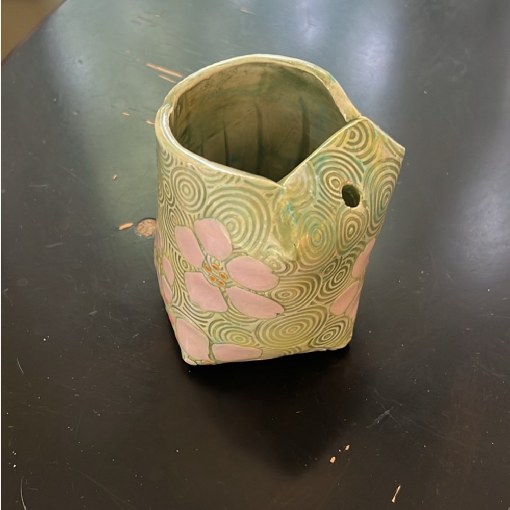 Handmade Green Ceramic Vase with Pink Floral